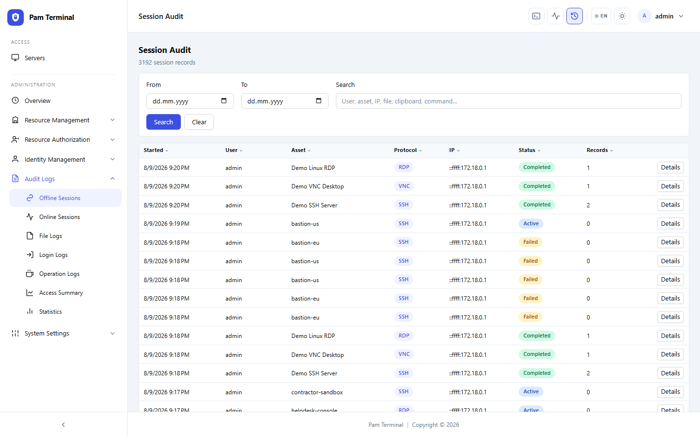 Pam Terminal offline session audit and replay inventory