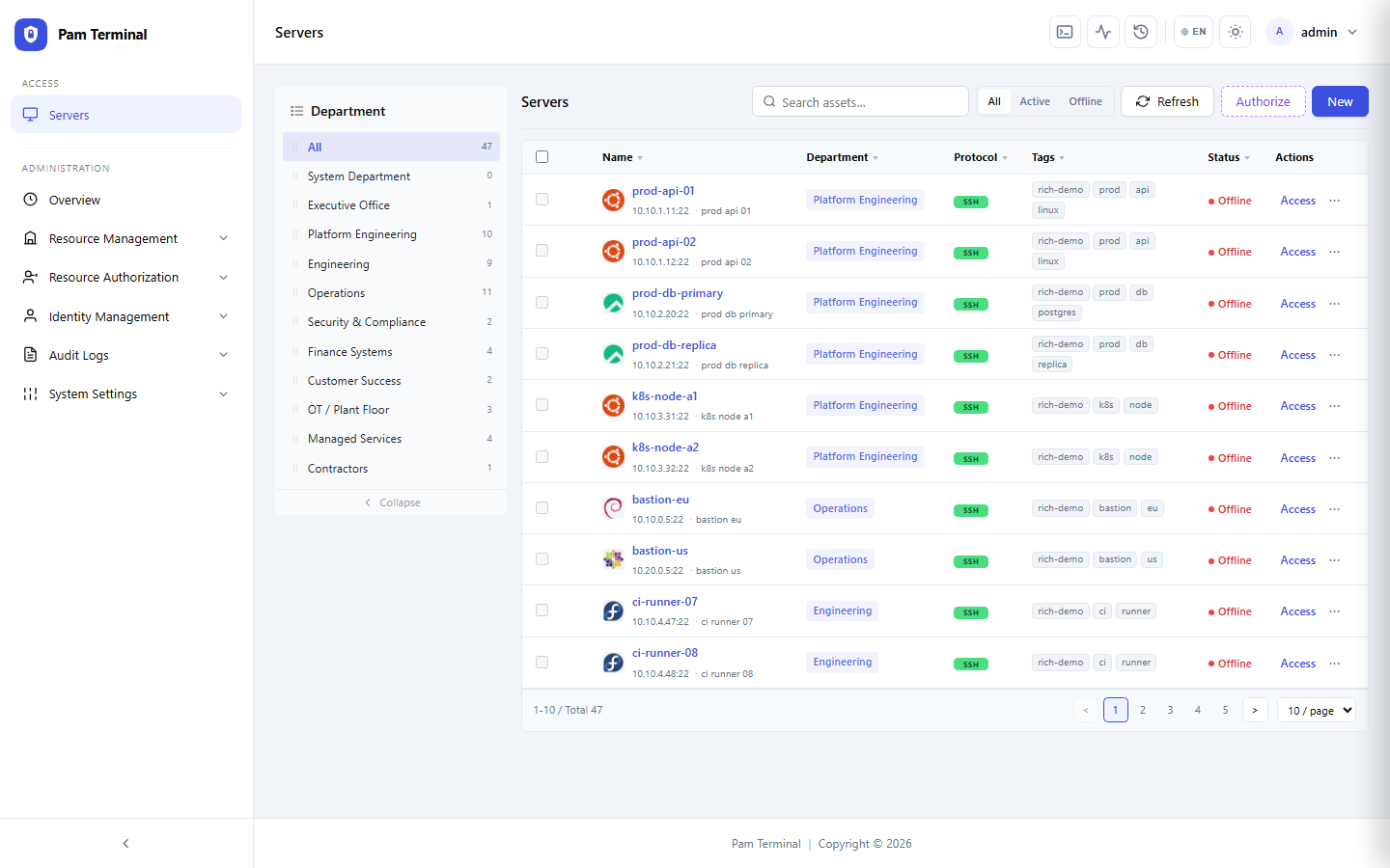 Servers access workspace with sidebar