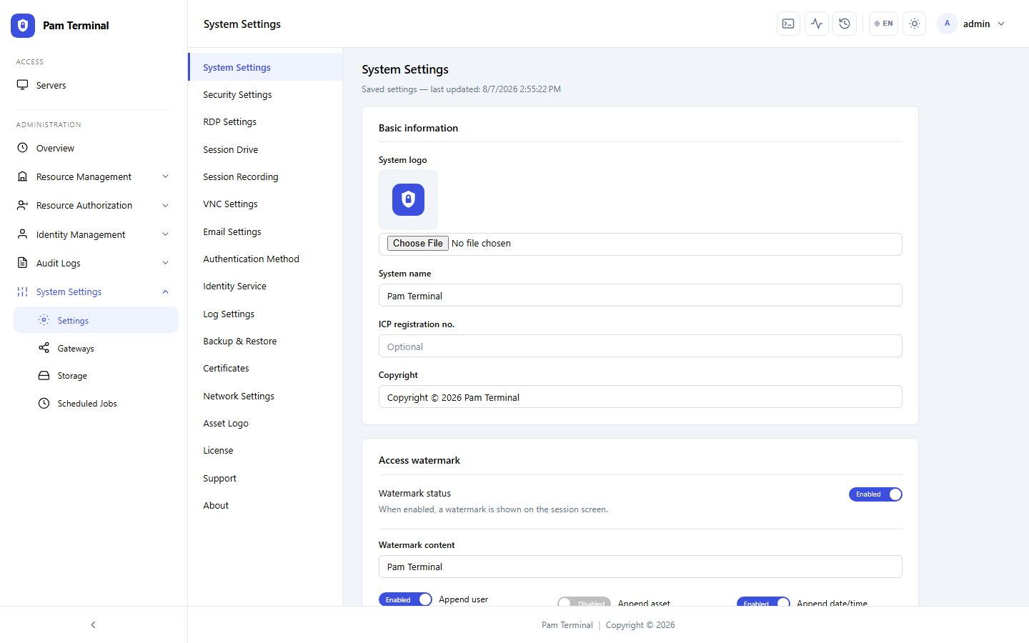 System settings with left navigation