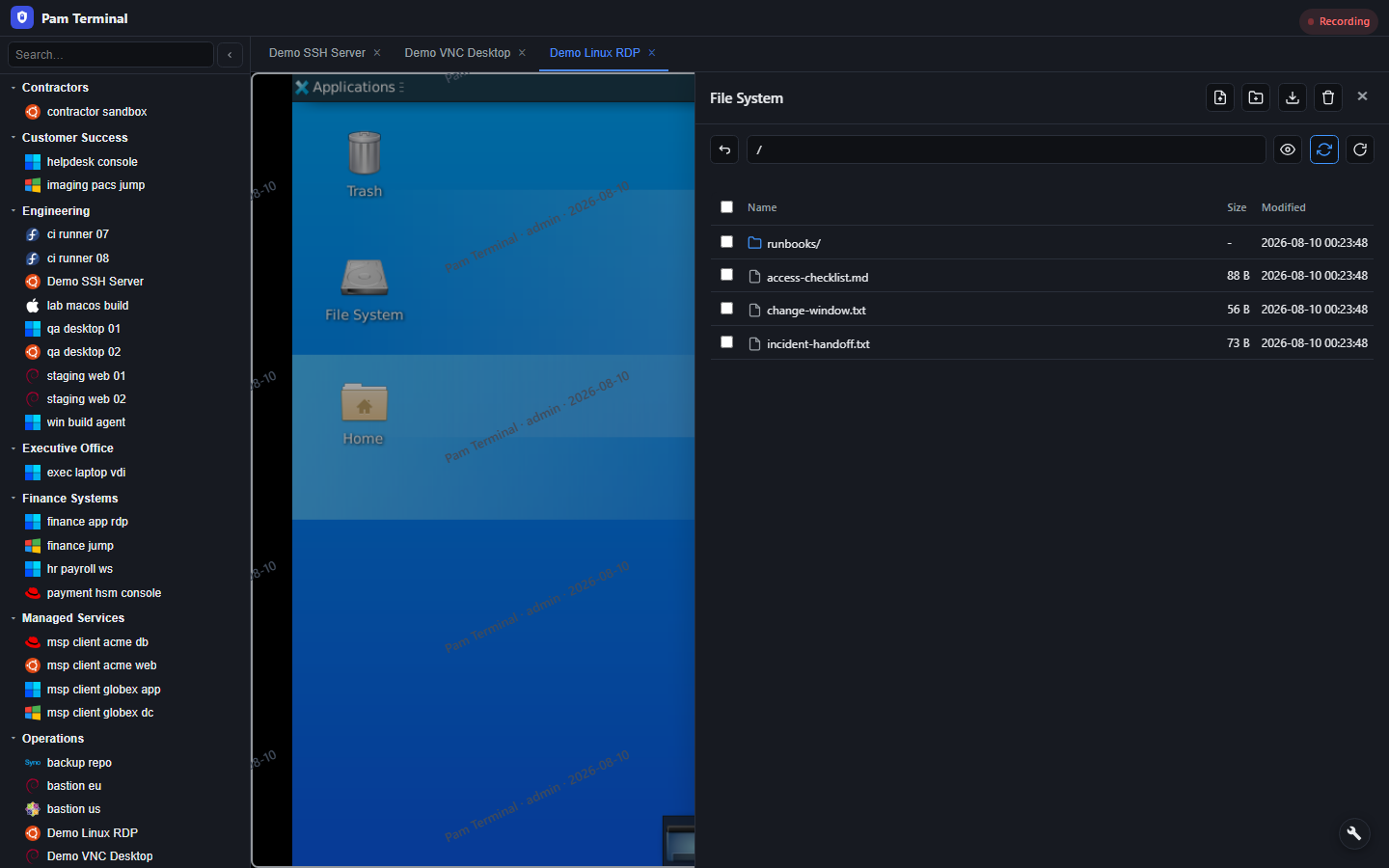 Session file system panel beside a live terminal