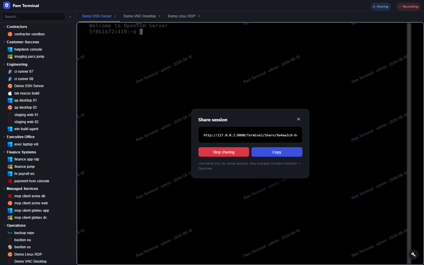 Share live session link from the terminal toolbar